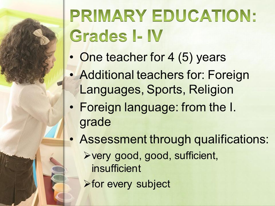 One teacher for 4 (5) years Additional teachers for: Foreign Languages, Sports, Religion Foreign language: from the I.