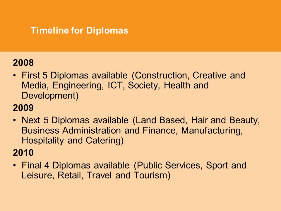 Timeline for Diplomas 2008 First 5 Diplomas available (Construction, Creative and Media, Engineering, ICT, Society, Health and Development) 2009 Next 5 Diplomas available (Land Based, Hair and Beauty, Business Administration and Finance, Manufacturing, Hospitality and Catering) 2010 Final 4 Diplomas available (Public Services, Sport and Leisure, Retail, Travel and Tourism)