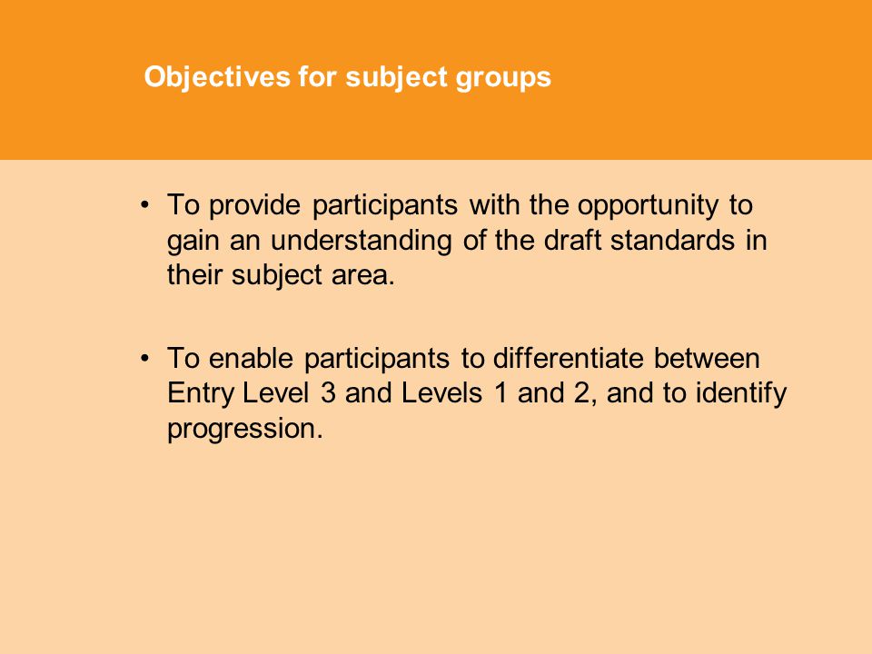 Objectives for subject groups To provide participants with the opportunity to gain an understanding of the draft standards in their subject area.