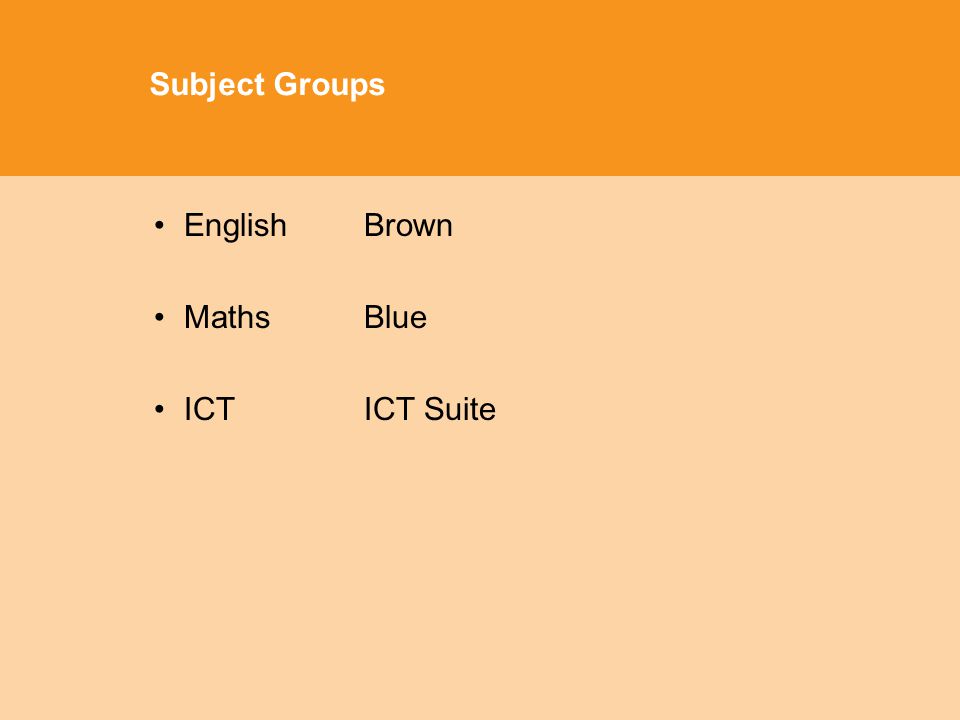 Subject Groups EnglishBrown Maths Blue ICTICT Suite