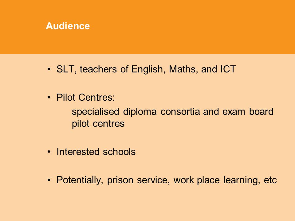 Audience SLT, teachers of English, Maths, and ICT Pilot Centres: specialised diploma consortia and exam board pilot centres Interested schools Potentially, prison service, work place learning, etc