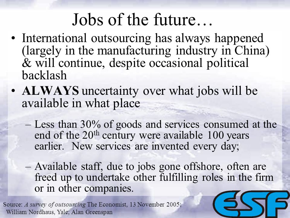 Jobs of the future… International outsourcing has always happened (largely in the manufacturing industry in China) & will continue, despite occasional political backlash ALWAYS uncertainty over what jobs will be available in what place –Less than 30% of goods and services consumed at the end of the 20 th century were available 100 years earlier.