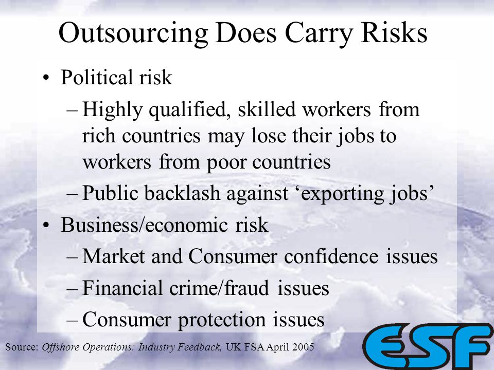 Outsourcing Does Carry Risks Political risk –Highly qualified, skilled workers from rich countries may lose their jobs to workers from poor countries –Public backlash against exporting jobs Business/economic risk –Market and Consumer confidence issues –Financial crime/fraud issues –Consumer protection issues Source: Offshore Operations: Industry Feedback, UK FSA April 2005