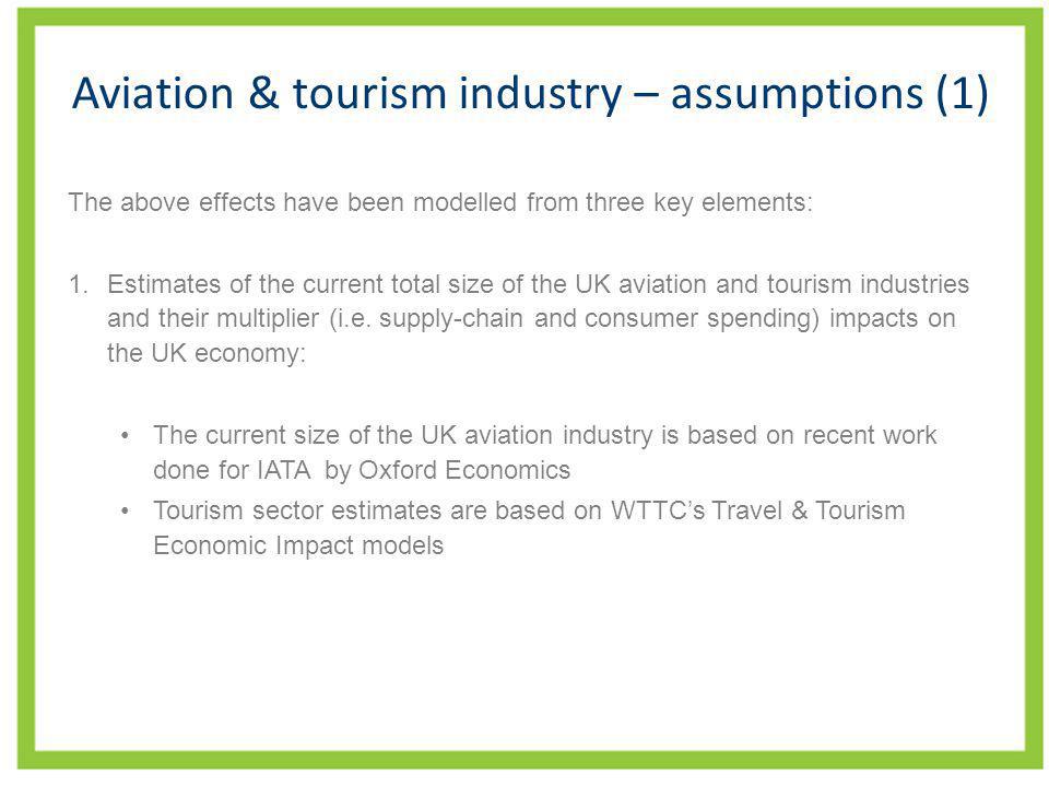 Aviation & tourism industry – assumptions (1) The above effects have been modelled from three key elements: 1.Estimates of the current total size of the UK aviation and tourism industries and their multiplier (i.e.