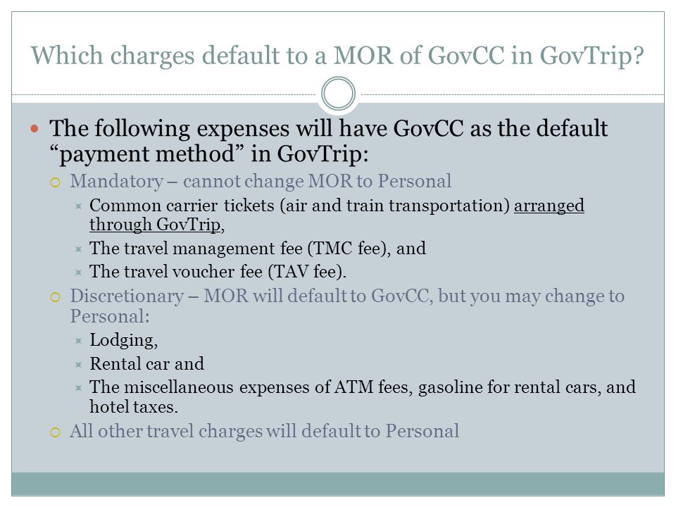 Which charges default to a MOR of GovCC in GovTrip.