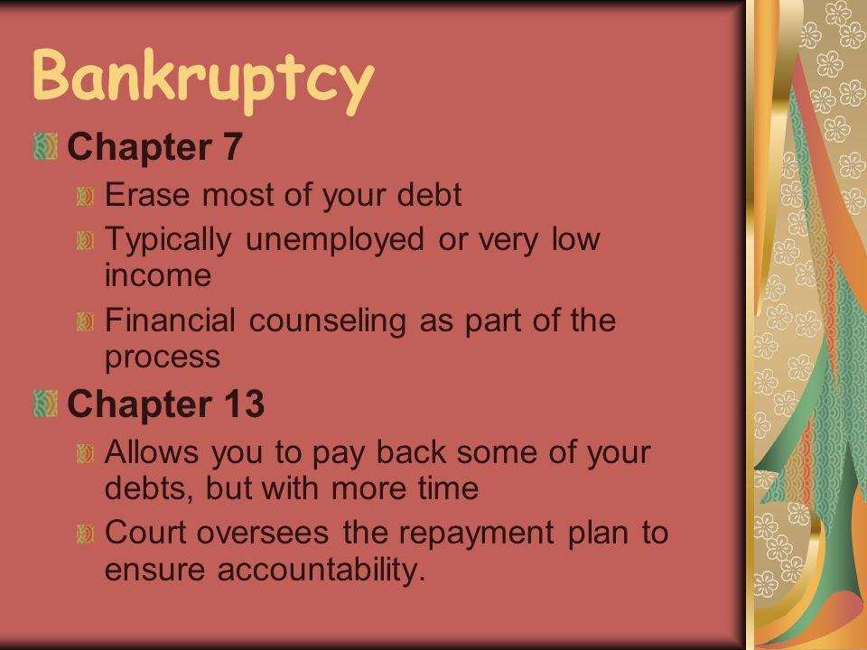 Bankruptcy Chapter 7 Erase most of your debt Typically unemployed or very low income Financial counseling as part of the process Chapter 13 Allows you to pay back some of your debts, but with more time Court oversees the repayment plan to ensure accountability.