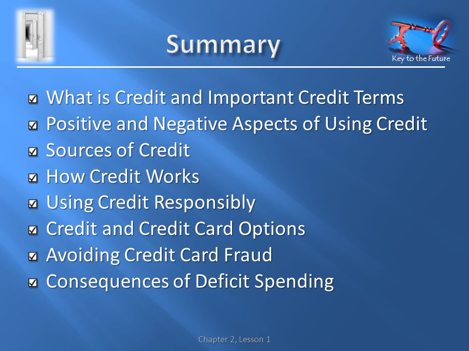 Key to the Future What is Credit and Important Credit Terms Positive and Negative Aspects of Using Credit Sources of Credit How Credit Works Using Credit Responsibly Credit and Credit Card Options Avoiding Credit Card Fraud Consequences of Deficit Spending Chapter 2, Lesson 1