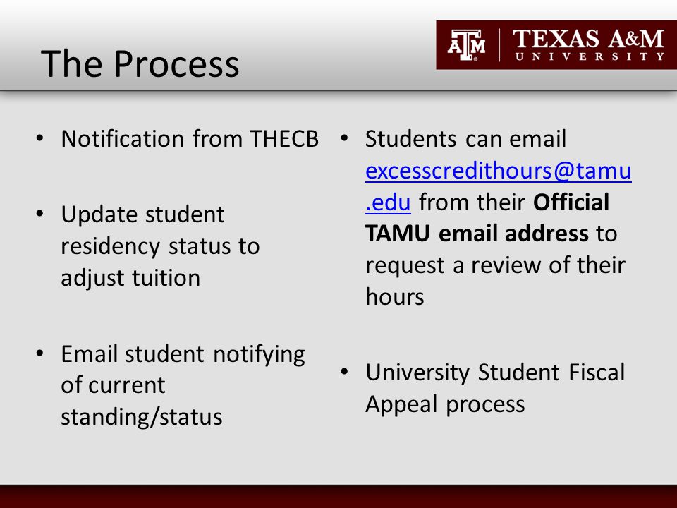 The Process Notification from THECB Update student residency status to adjust tuition  student notifying of current standing/status Students can  from their Official TAMU  address to request a review of their hours University Student Fiscal Appeal process