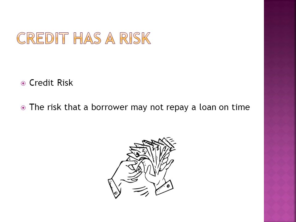 Credit Risk The risk that a borrower may not repay a loan on time