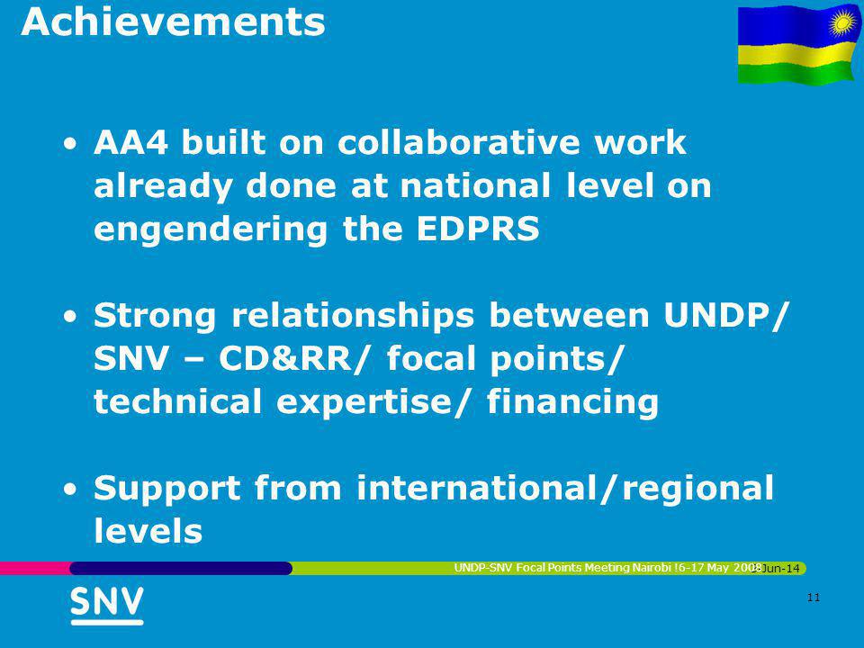 Achievements AA4 built on collaborative work already done at national level on engendering the EDPRS Strong relationships between UNDP/ SNV – CD&RR/ focal points/ technical expertise/ financing Support from international/regional levels 3-Jun-14 UNDP-SNV Focal Points Meeting Nairobi !6-17 May