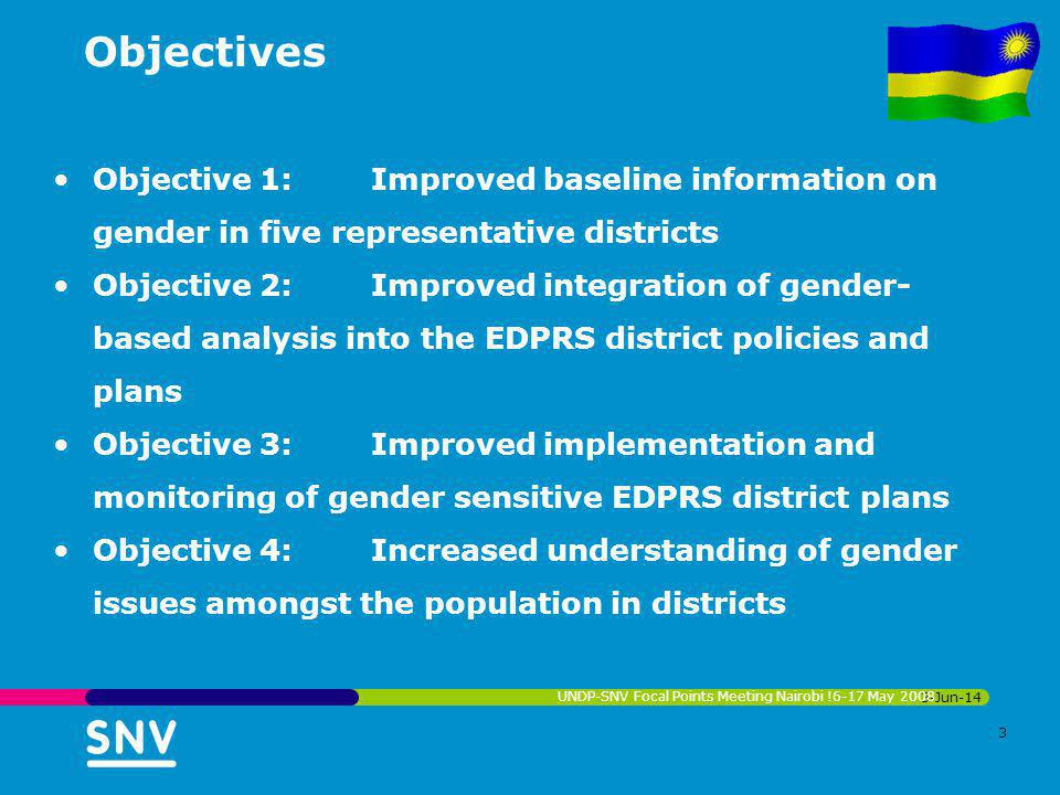 Objectives Objective 1: Improved baseline information on gender in five representative districts Objective 2: Improved integration of gender- based analysis into the EDPRS district policies and plans Objective 3: Improved implementation and monitoring of gender sensitive EDPRS district plans Objective 4: Increased understanding of gender issues amongst the population in districts 3-Jun-14 UNDP-SNV Focal Points Meeting Nairobi !6-17 May