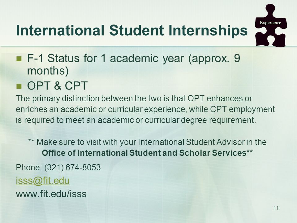 11 International Student Internships F-1 Status for 1 academic year (approx.