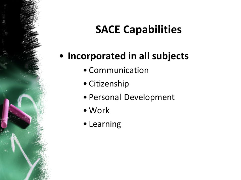 Incorporated in all subjects Communication Citizenship Personal Development Work Learning SACE Capabilities