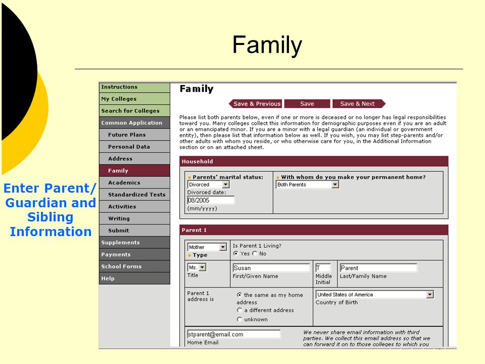 Family Enter Parent/ Guardian and Sibling Information