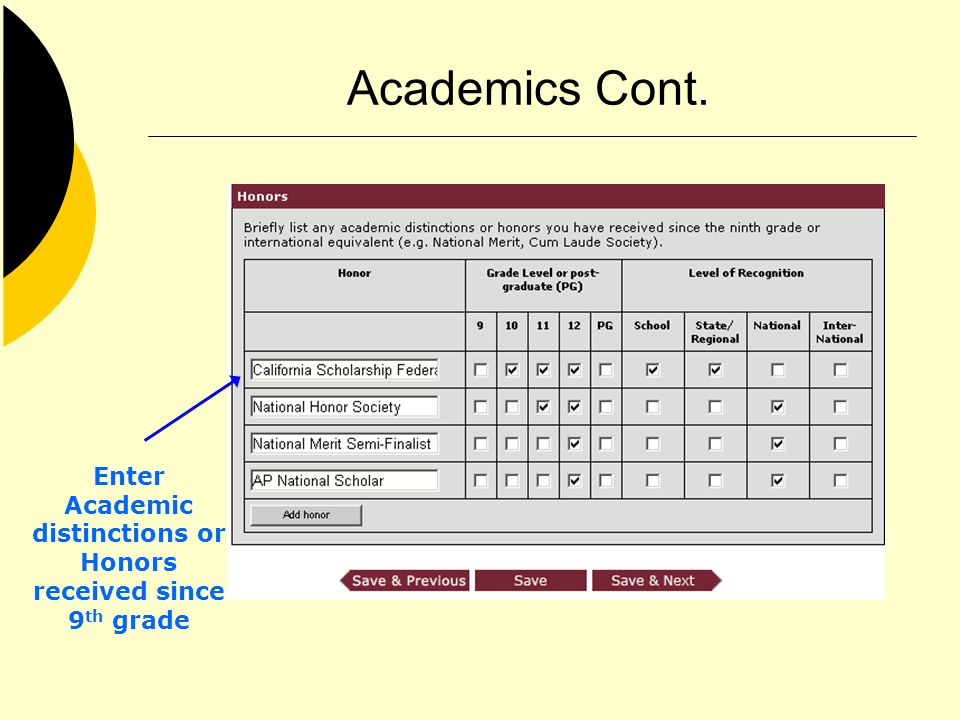 Academics Cont. Enter Academic distinctions or Honors received since 9 th grade