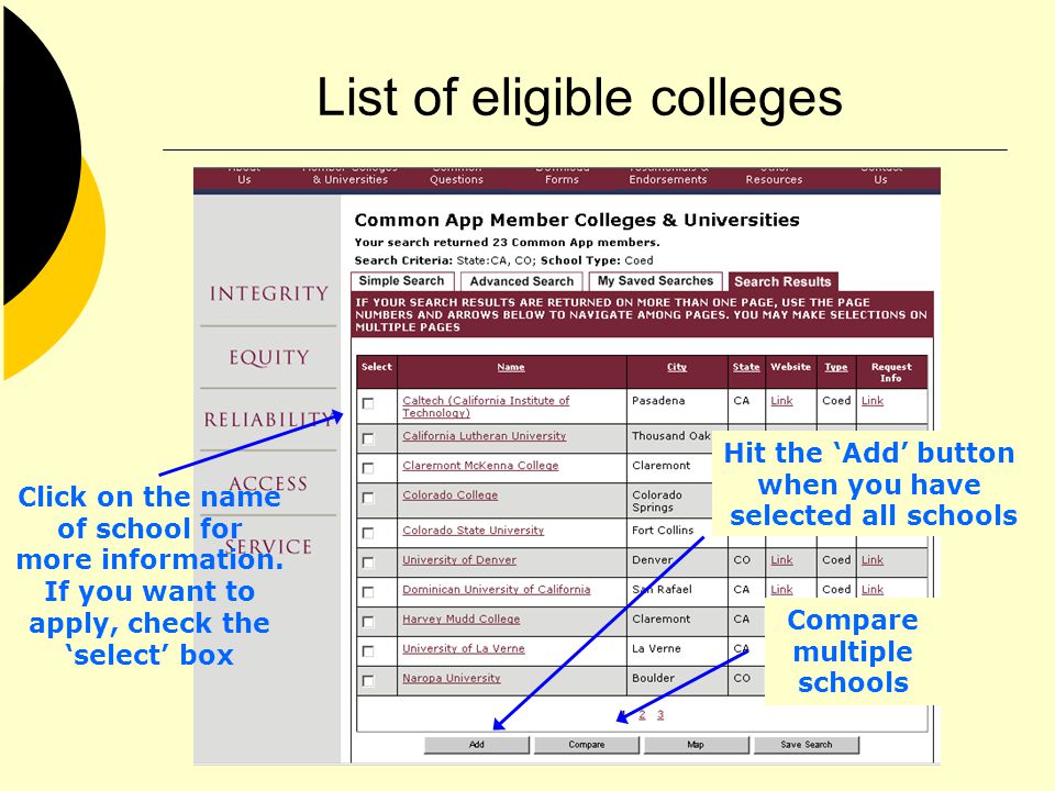 List of eligible colleges Click on the name of school for more information.