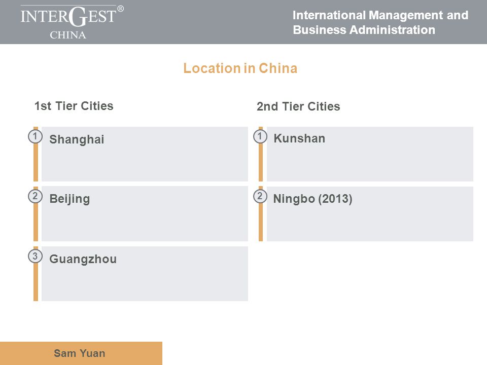 International Management and Business Administration Sam Yuan Location in China Guangzhou Beijing Ningbo (2013) Kunshan Shanghai 1st Tier Cities 2nd Tier Cities