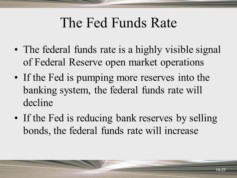 14-27 The Fed Funds Rate The federal funds rate is a highly visible signal of Federal Reserve open market operations If the Fed is pumping more reserves into the banking system, the federal funds rate will decline If the Fed is reducing bank reserves by selling bonds, the federal funds rate will increase