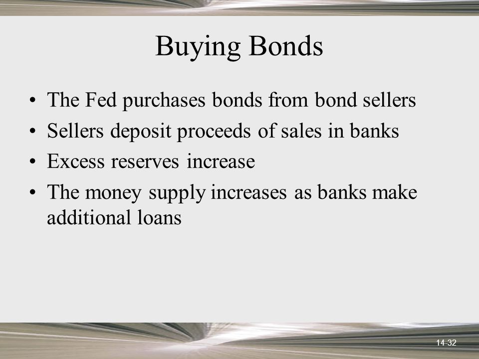 14-32 Buying Bonds The Fed purchases bonds from bond sellers Sellers deposit proceeds of sales in banks Excess reserves increase The money supply increases as banks make additional loans