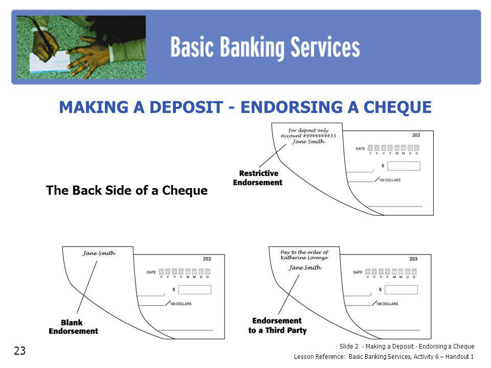 Slide 2 - Making a Deposit - Endorsing a Cheque Lesson Reference: Basic Banking Services, Activity 6 – Handout 1 MAKING A DEPOSIT - ENDORSING A CHEQUE 23 The Back Side of a Cheque