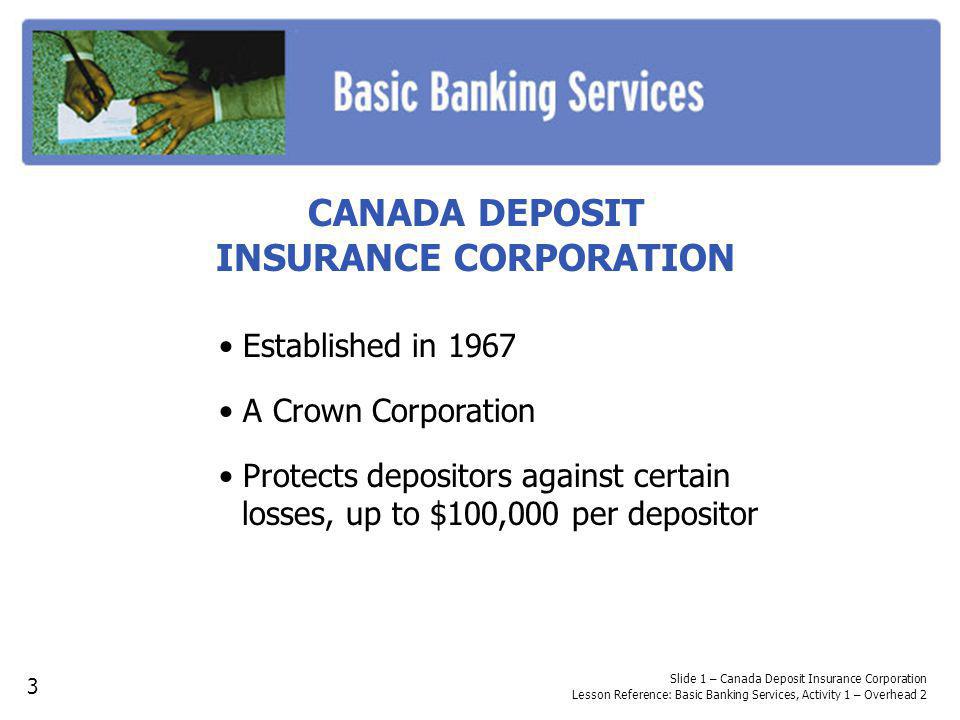 CANADA DEPOSIT INSURANCE CORPORATION Established in 1967 A Crown Corporation Protects depositors against certain losses, up to $100,000 per depositor Slide 1 – Canada Deposit Insurance Corporation Lesson Reference: Basic Banking Services, Activity 1 – Overhead 2 3