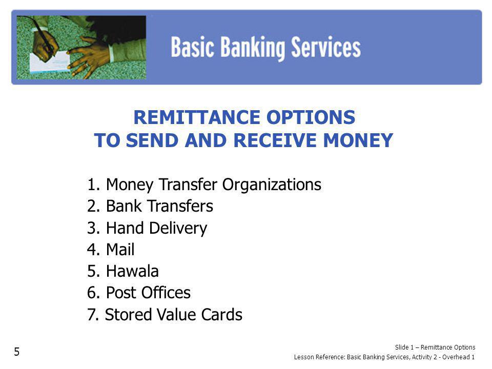 REMITTANCE OPTIONS TO SEND AND RECEIVE MONEY 1. Money Transfer Organizations 2.