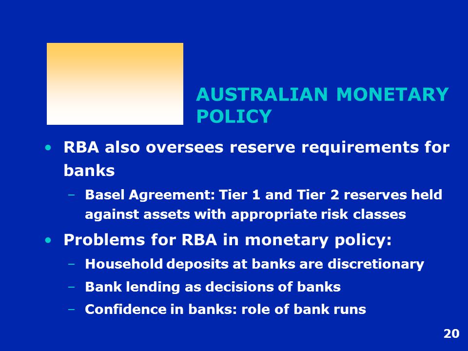 20 AUSTRALIAN MONETARY POLICY RBA also oversees reserve requirements for banks –Basel Agreement: Tier 1 and Tier 2 reserves held against assets with appropriate risk classes Problems for RBA in monetary policy: –Household deposits at banks are discretionary –Bank lending as decisions of banks –Confidence in banks: role of bank runs