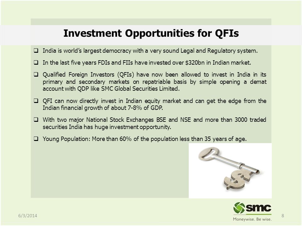 Investment Opportunities for QFIs India is worlds largest democracy with a very sound Legal and Regulatory system.