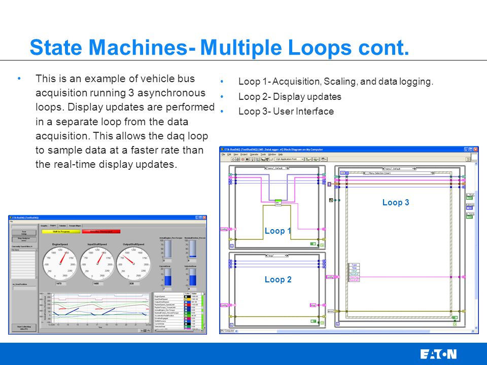 State Machines- Multiple Loops cont. Loop 1- Acquisition, Scaling, and data logging.
