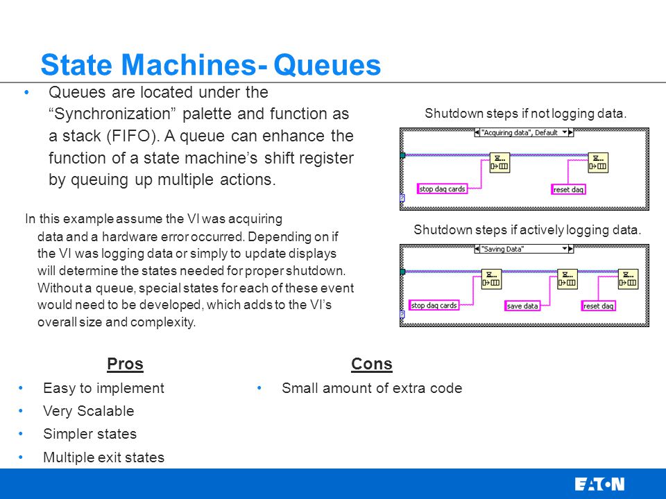 State Machines- Queues Queues are located under the Synchronization palette and function as a stack (FIFO).
