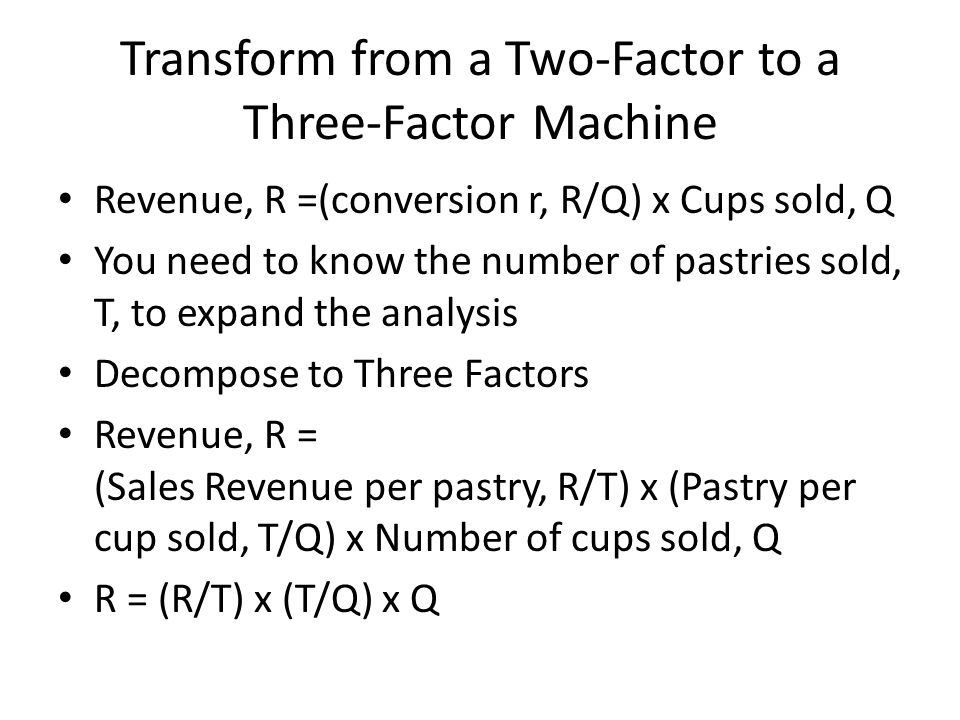 Transform from a Two-Factor to a Three-Factor Machine Revenue, R =(conversion r, R/Q) x Cups sold, Q You need to know the number of pastries sold, T, to expand the analysis Decompose to Three Factors Revenue, R = (Sales Revenue per pastry, R/T) x (Pastry per cup sold, T/Q) x Number of cups sold, Q R = (R/T) x (T/Q) x Q