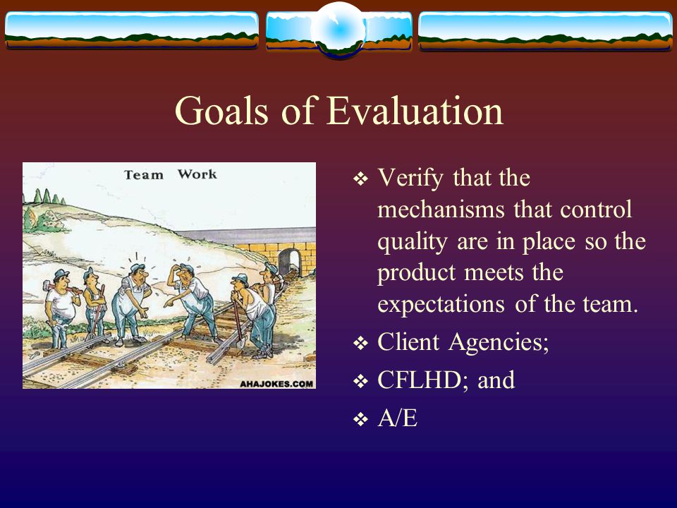Goals of Evaluation Verify that the mechanisms that control quality are in place so the product meets the expectations of the team.
