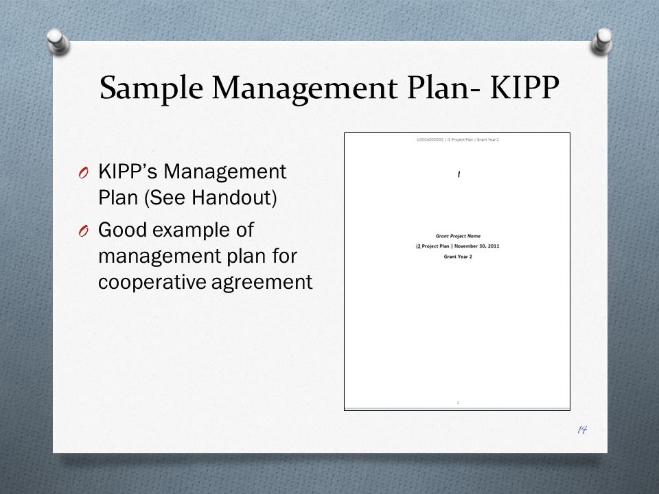 Sample Management Plan- KIPP O KIPPs Management Plan (See Handout) O Good example of management plan for cooperative agreement 14