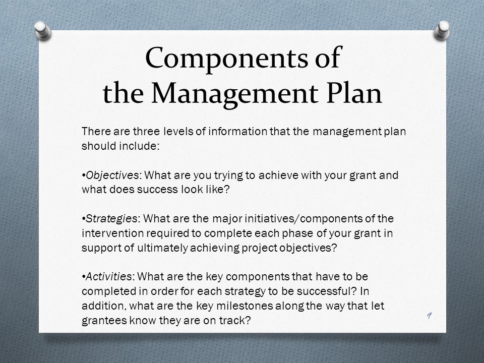 Components of the Management Plan There are three levels of information that the management plan should include: Objectives: What are you trying to achieve with your grant and what does success look like.