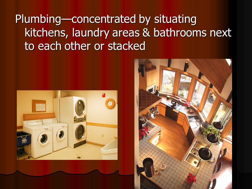 Plumbingconcentrated by situating kitchens, laundry areas & bathrooms next to each other or stacked