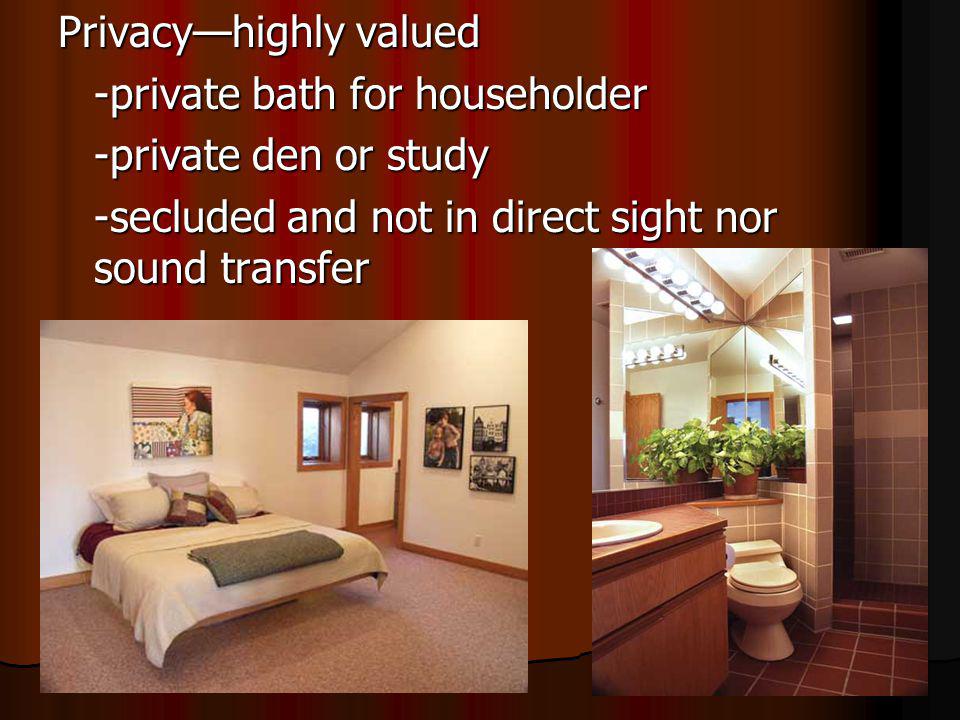 Privacyhighly valued -private bath for householder -private den or study -secluded and not in direct sight nor sound transfer