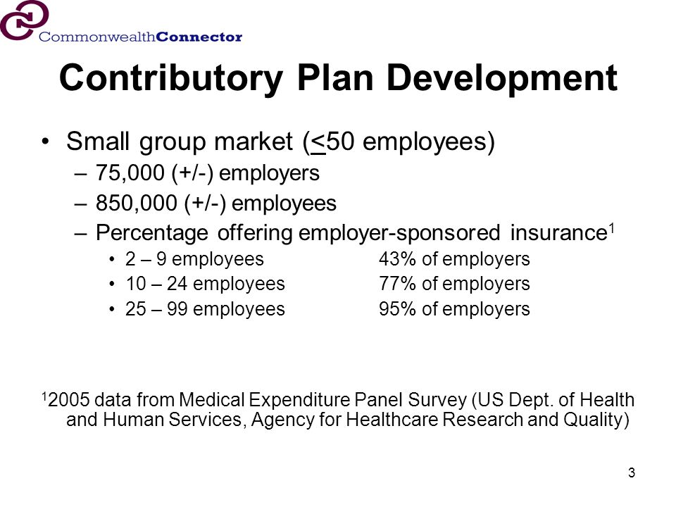 3 Contributory Plan Development Small group market (<50 employees) –75,000 (+/-) employers –850,000 (+/-) employees –Percentage offering employer-sponsored insurance 1 2 – 9 employees43% of employers 10 – 24 employees77% of employers 25 – 99 employees95% of employers data from Medical Expenditure Panel Survey (US Dept.