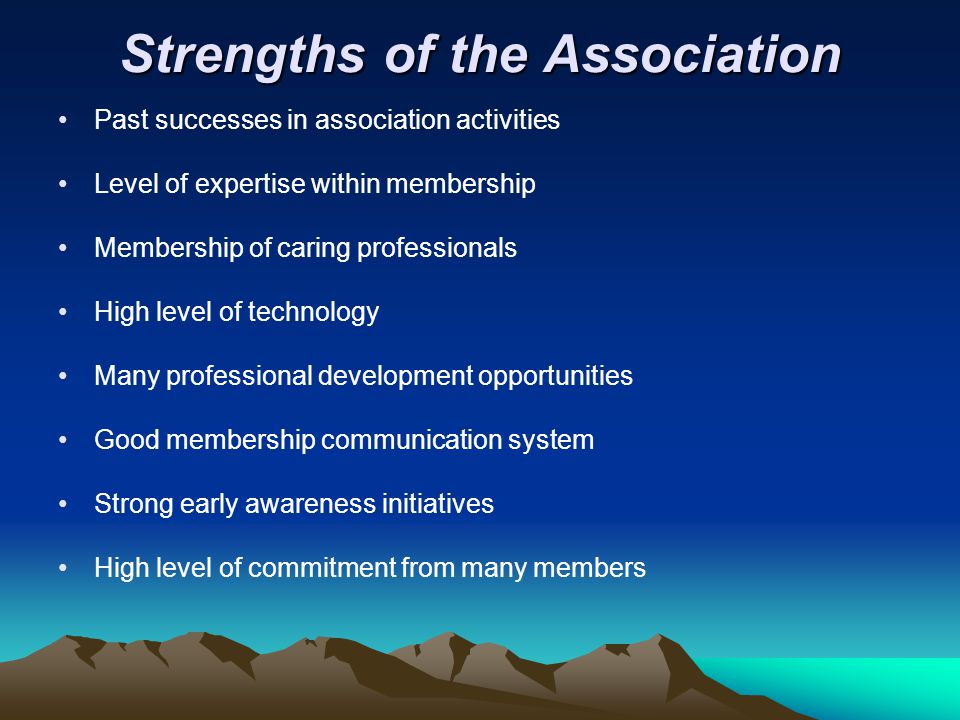 Strengths of the Association Past successes in association activities Level of expertise within membership Membership of caring professionals High level of technology Many professional development opportunities Good membership communication system Strong early awareness initiatives High level of commitment from many members