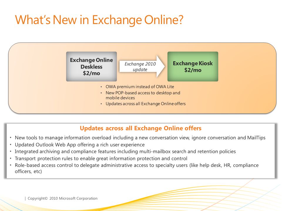 | Copyright© 2010 Microsoft Corporation OWA premium instead of OWA Lite New POP-based access to desktop and mobile devices Updates across all Exchange Online offers Whats New in Exchange Online.