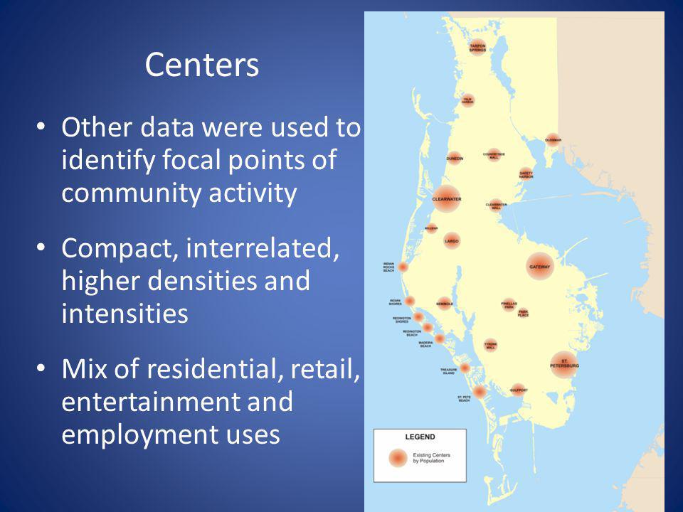 Centers Other data were used to identify focal points of community activity Compact, interrelated, higher densities and intensities Mix of residential, retail, entertainment and employment uses
