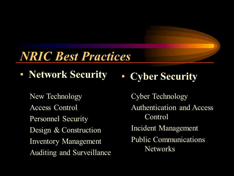 NRIC Best Practices Network Security Cyber Security New Technology Access Control Personnel Security Design & Construction Inventory Management Auditing and Surveillance Cyber Technology Authentication and Access Control Incident Management Public Communications Networks