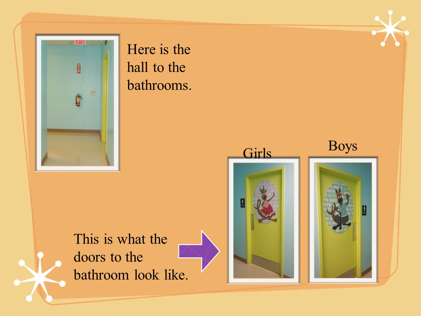 Here is the hall to the bathrooms. This is what the doors to the bathroom look like. Boys Girls