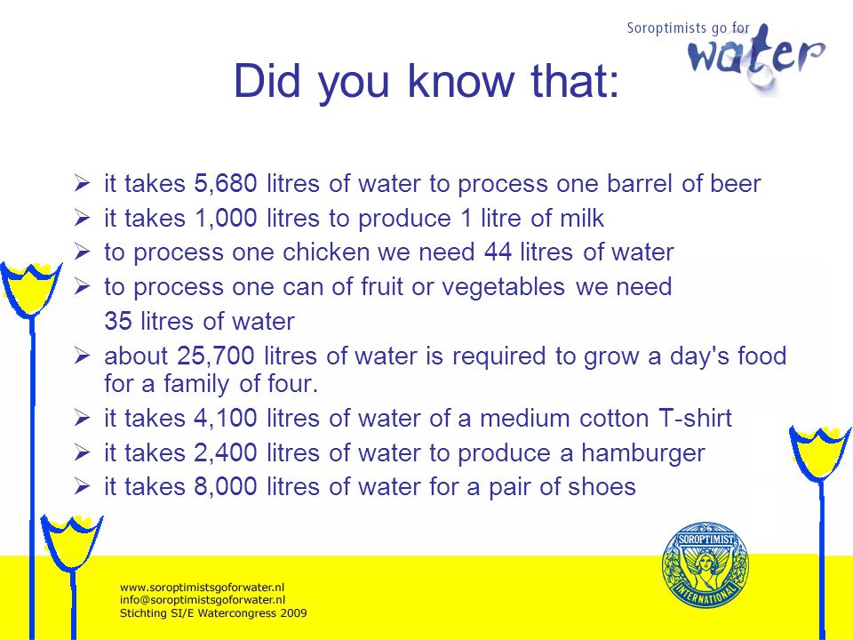 Did you know that: it takes 5,680 litres of water to process one barrel of beer it takes 1,000 litres to produce 1 litre of milk to process one chicken we need 44 litres of water to process one can of fruit or vegetables we need 35 litres of water about 25,700 litres of water is required to grow a day s food for a family of four.