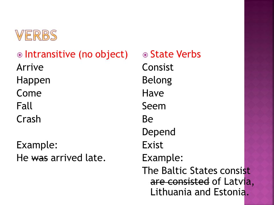 Intransitive (no object) Arrive Happen Come Fall Crash Example: He was arrived late.