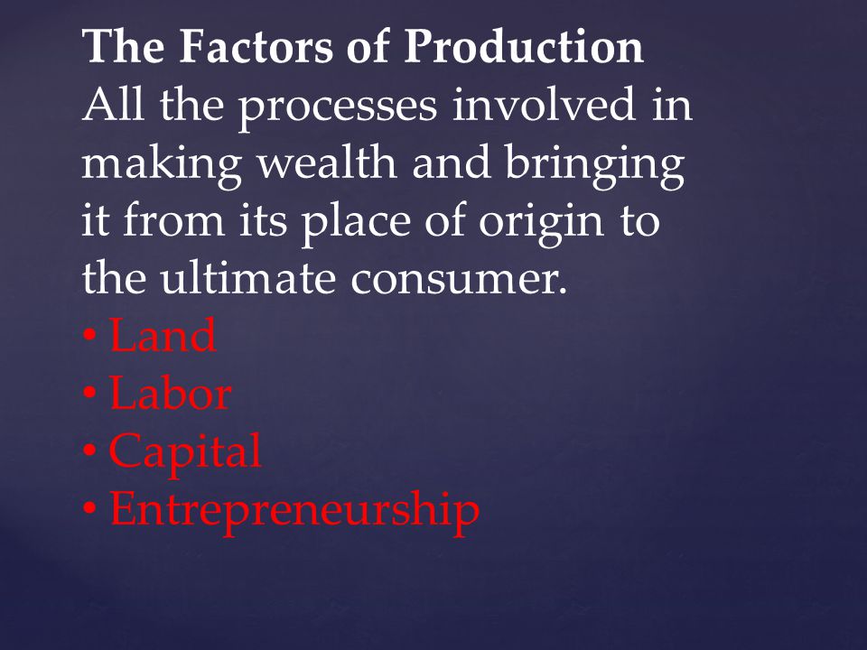 The Factors of Production All the processes involved in making wealth and bringing it from its place of origin to the ultimate consumer.