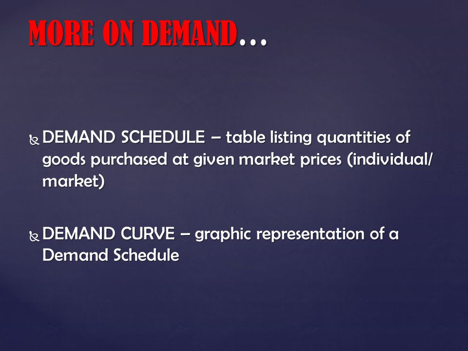 DEMAND SCHEDULE – table listing quantities of goods purchased at given market prices (individual/ market) DEMAND SCHEDULE – table listing quantities of goods purchased at given market prices (individual/ market) DEMAND CURVE – graphic representation of a Demand Schedule DEMAND CURVE – graphic representation of a Demand Schedule MORE ON DEMAND…