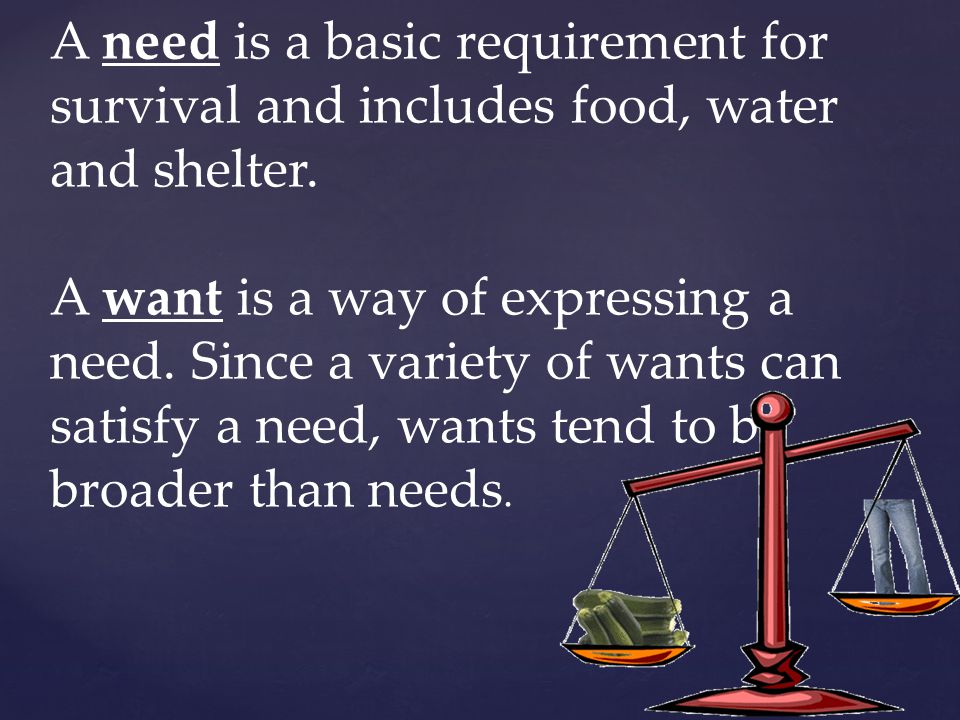A need is a basic requirement for survival and includes food, water and shelter.