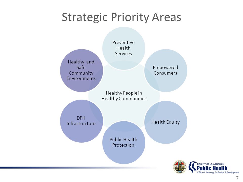 Strategic Priority Areas 7 Healthy People in Healthy Communities Preventive Health Services Empowered Consumers Health Equity Public Health Protection DPH Infrastructure Healthy and Safe Community Environments