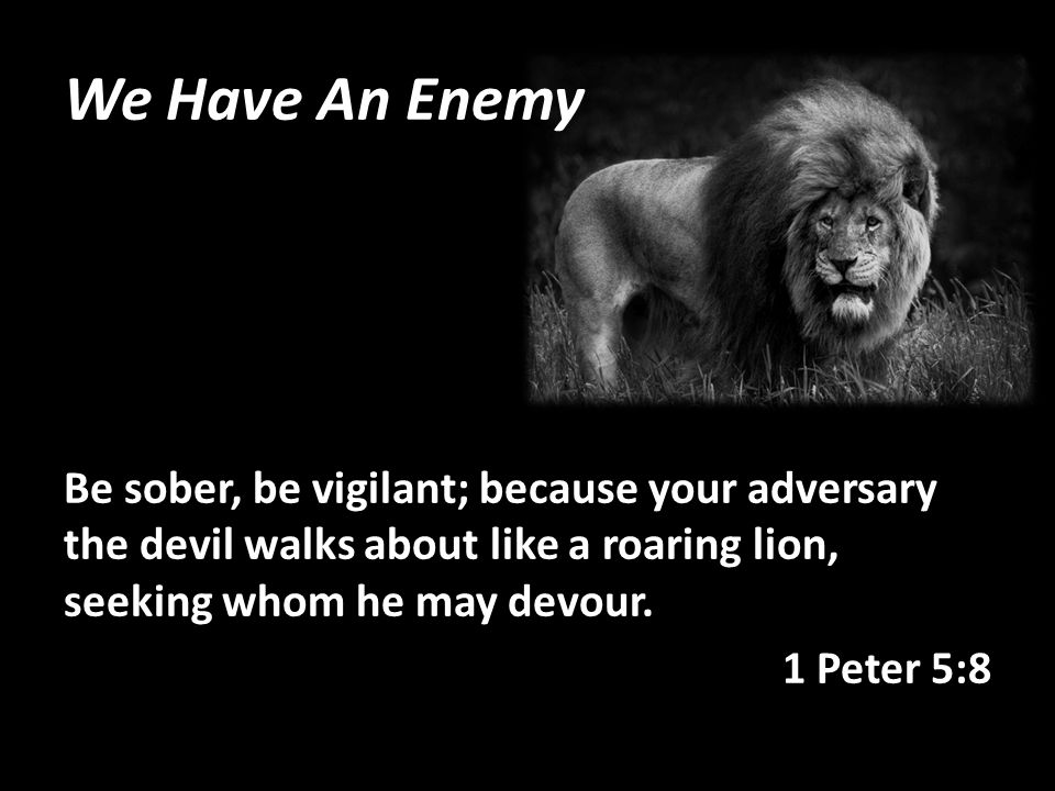 We Have An Enemy Be sober, be vigilant; because your adversary the devil walks about like a roaring lion, seeking whom he may devour.