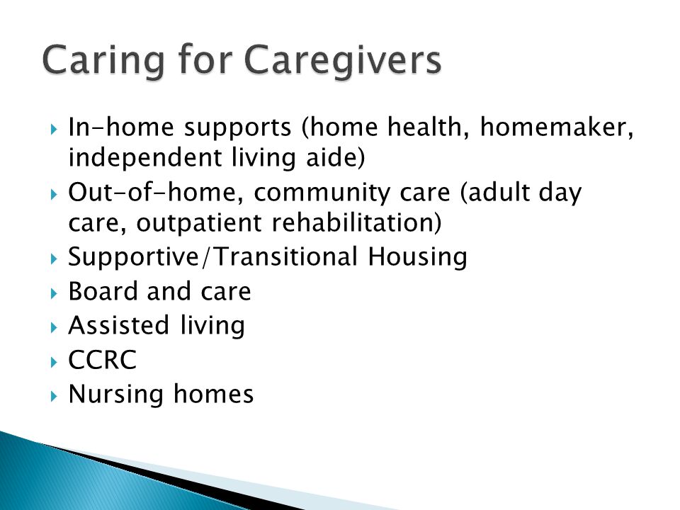 In-home supports (home health, homemaker, independent living aide) Out-of-home, community care (adult day care, outpatient rehabilitation) Supportive/Transitional Housing Board and care Assisted living CCRC Nursing homes